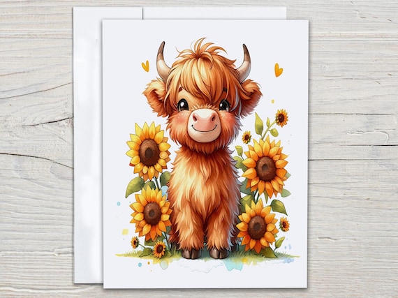 Highland Cow Notecard Set, Sunflower Stationary, Kawaii Stationary, Everyday Card, Miss You Card, Cute Blank Notecards, Birthday, EC169