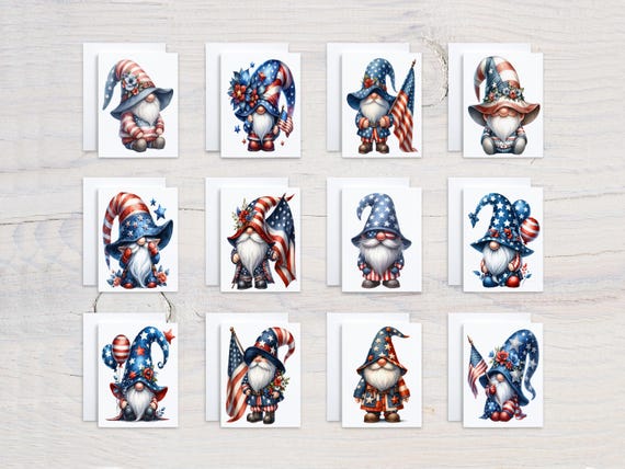4th of July Gnomes Notecard Set, Blank Notecards, Thank You Card Pack, Patriotic Gnome, Happy Bday Card, All Occasion Cards, Assorted, CS103