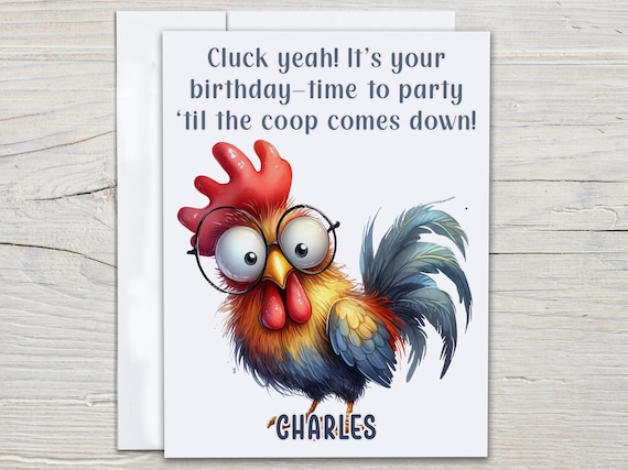 Personalized Funny Birthday Card, Cluck Yeah! Rooster Card, Best Friend Bday, Chicken Pun, Happy Bday Card, Bday Card For Him, BC101