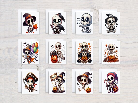 Cute Skeleton Notecard Set, Assorted Notecards, Variety Pack, Blank Notecards, All Occasion Cards, Card Assortment, Halloween Greeting,CS379