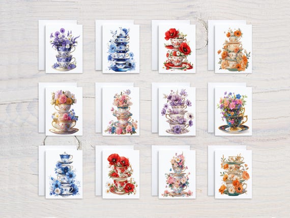 Assorted Teacup Stack Watercolor Card Set, Blank Notecard Set, Greeting Cards, Thank You Note, Miss You Card, Snail Mail, Everyday Card,CS80