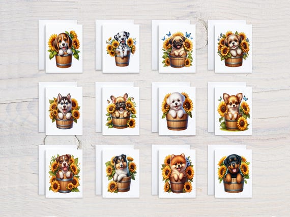 Cute Puppy Notecards Assorted Set, Handmade Notecards, Variety Card Pack, Dog Thank You Card, Sunflower Stationary, Greeting Card, CS178