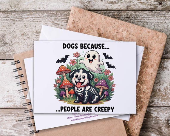 Kawaii Dog & Ghost Notecards, All Hallows Eve, Watercolor Halloween, Funny Dog Card, Just Because Card, Trending Halloween, Skeleton Dog