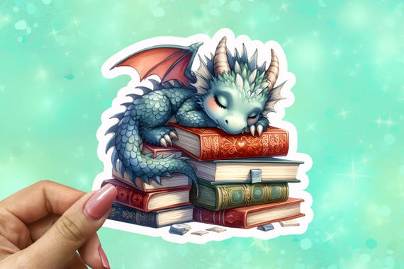 Cute Baby Dragon Vinyl Sticker, Kawaii Books Sticker, Cute Booktok, Fantasy Creature, Kawaiicore Stickers, Bookpile Dragon, VinylName, VN48
