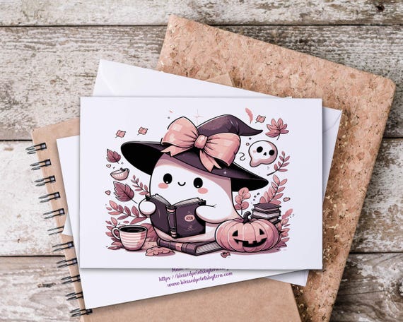 Kawaii Ghost Reading Book Notecard Set, Fall Notecards, Halloween Stationary, Librarian Halloween, Blank Notecards,  Bookish Ghost Card