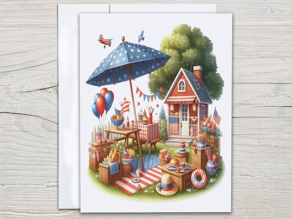 American Backyard Notecards Set, Happy 4th of July, July 4th Card, 4th July Card, Veterans Day, Flag Cards, Patriotic, Memorial Day, EC287