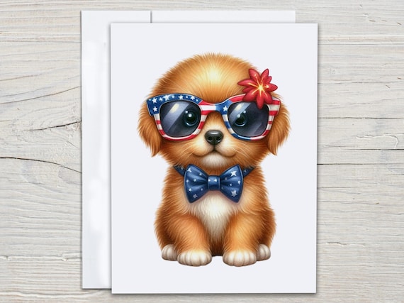 Patriotic Puppy Notecard Set, Fourth of July Cards, Blank Notecard, Memorial Day Cards, Stationery, All Occasion Cards, 4th of July, EC304