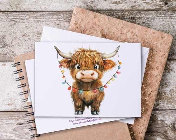 Christmas Highland Cow Notecard Set, Cute Holiday Card, Blank Notecards, Snail Mail, Highland Cattle Stationary, Holiday Thank You,