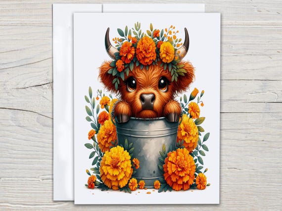Highland Cow Notecard Set, Marigold Cow Cards, Everyday Card, Blank Notecard, All Occasion Cards, Cute Gift, Thank You, Birthday Pack, EC306
