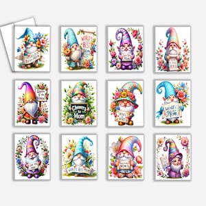 May include: A collection of Mother's Day greeting cards featuring colorful gnome illustrations. Each card showcases a gnome holding a sign with messages like "World's Best Mom" and "Love You Mom," surrounded by floral arrangements.