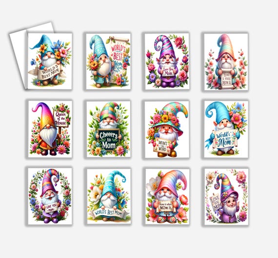 Assorted Gnome Card Pack for Mother's Day, Greeting Cards, I Love You Mom, Mother Appreciation, Blank Notecards, Gift for Mother, CS15