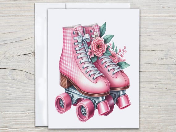 Roller Skate Watercolor Notecard Set, Blank Notecards, Thankyou Card, Miss You Card, Pink Gingham, Birthday Card Pack, Just Because, EC174