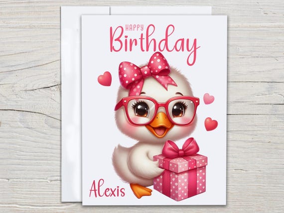 Personalized Kawaii Duck Bday Card, Cute Bday Card, Bday Card for Her, Funny Bday Card, Simple Birthday Card, Bestie Birthday Card, BC169
