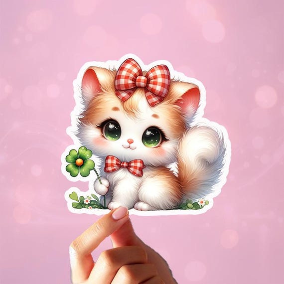 Kawaii Cat Sticker, Personalized Cute Cat Sticker, Four Leaf Clover Sticker, Luck of the Irish, Saint Patrick's Day