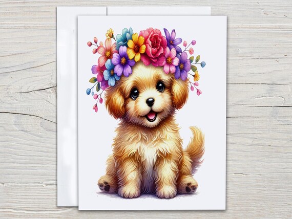 Cute Dog With Flowers Notecards, Blank Notecard, Stationery Set, Thank You Card Pack, All Occasion Cards, Just Because Card, Everyday, EC208