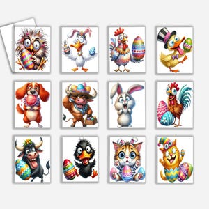 May include: A collection of twelve Easter-themed greeting cards. Each card features a colorful cartoon animal holding or near a decorated Easter egg. Animals include an owl, duck, rooster, dog, bull, rabbit, and cats.