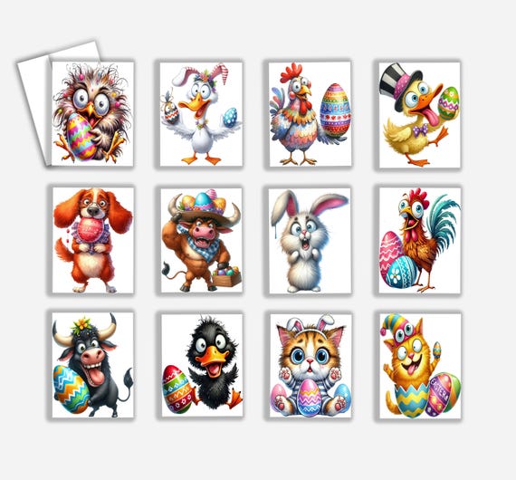 Cute Funny Animal Assorted Card Pack, Greeting Card Pack, Blank Notecards, Funny Animal Cards, Birthday Card Pack, Happy Easter Cards, CS14