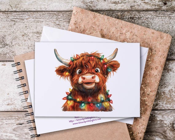 Cute Christmas Highland Cow Notecards, Just Because Cards, Mooey Christmas, Cow Christmas Card for Cow Lovers, Holiday Thank You