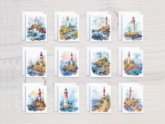 Lighthouse Watercolor Notecard Set, Card Assortment, Bulk Greeting Cards, Everyday Cards, Variety Pack, Blank Notecard, Greeting Card, CS327