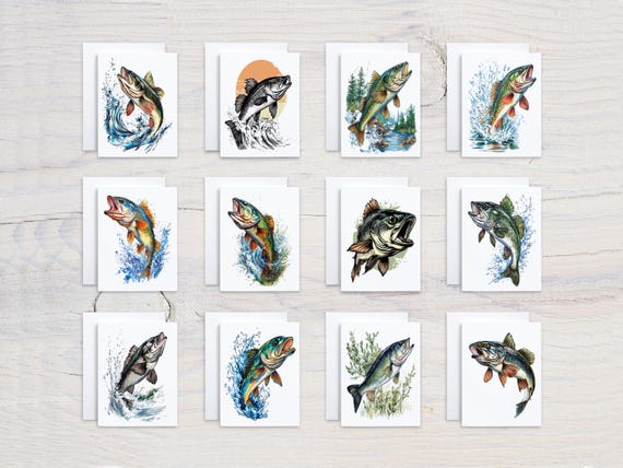 Watercolor Bass Notecard Set, Assorted Fish Cards, Blank Notecards, Fishing Card, Stationery For Men, Largemouth Bass, Card Variety, CS207