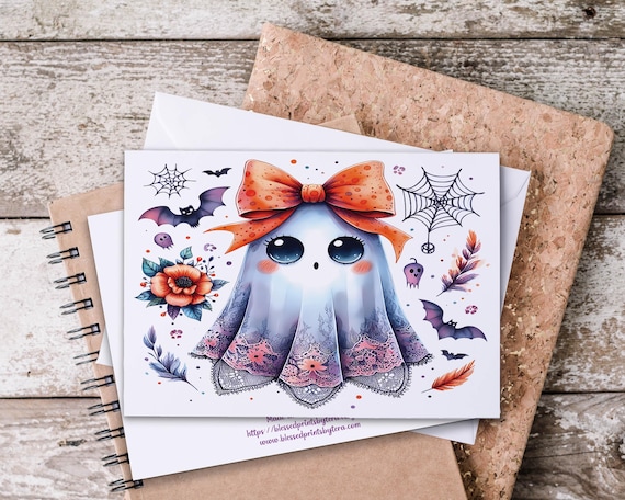 Cute Fancy Lace Ghost Notecard Set, Fall Notecards, Halloween Stationary, All Hallows Eve, Spooky Cards, Blank Notecards, A2 Card Set, HN27