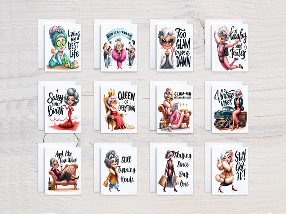 Assorted Cards Featuring Snarky Older Women, Card Assortment, Variety Pack, Bulk Cards, All Occasion Cards, Birthday Card Pack, Bestie,CS107