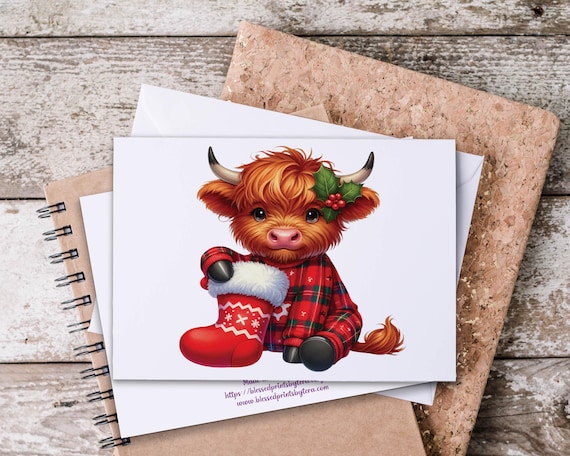 Cute Highland Cow Notecard Set, Christmas Stationary, Winter Greeting Card, Baby Highland Cow, All Occasion Cards, Everyday Notecards, CH14