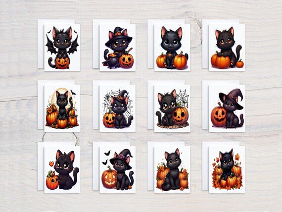 Halloween Notecards Set, Black Cat Cards, Cute Halloween Card Assortment, Blank Halloween Card, Fall Notecards, Halloween Greetings, CS346
