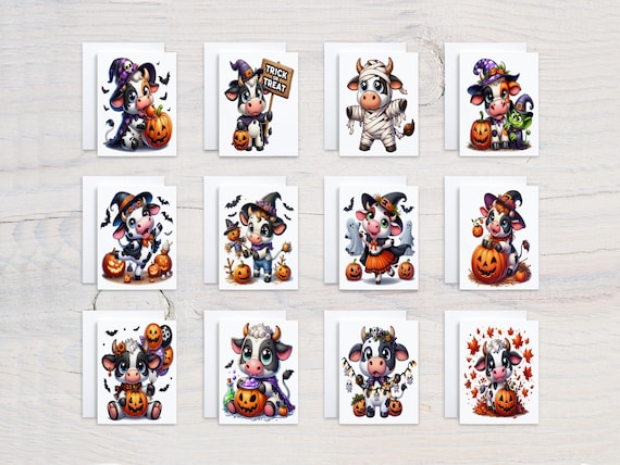 Cute Halloween Notecards, Kawaii Cow Card Set, Fall Notecards, Blank Halloween Card, Watercolor Cow Card, Halloween Greetings, Blank, CS347