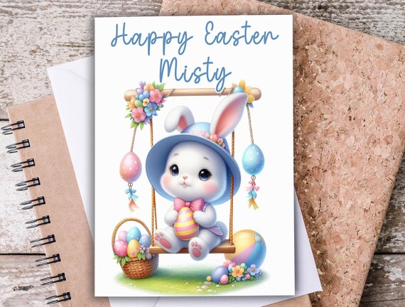 Personalized Easter Card, Cute Bunny on Swing, Baby's First Easter, Granddaughter Card, Happy Easter Greetings, Card for Easter, GC17