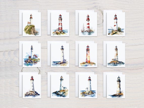 Assorted Lighthouse Notecard Set, Watercolor Cards, Blank Notecards, Beach Stationery, All Occasion Cards, Birthday Card Pack, CS235