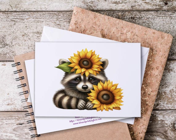 Cute Racoon Notecard Set, Sunflower Notecards, Sunflower Stationary, Blank Notecards, Wildlife, Fall Greeting Cards, Autumn Notecard, FA10