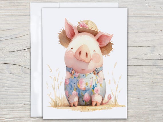 Pink Pig Notecard Set, Cute Pig Thank You Notes, Pig Stationery, Blank Notecards, Farm Themed Birthday, Everyday Cards,  Watercolor, EC77