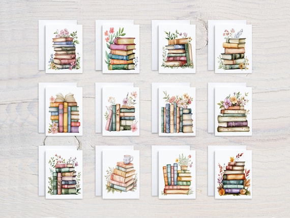 Assorted Notecard Set, Watercolor Book Flower Design, Blank Notecards, All Occasion Cards, Everyday Card, Bibliophile Gift, Birthday, CS216