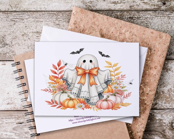 Lace Ghost & Pumpkins Notecard Set, Fall Note Cards, Blank Notecards, Cute Halloween Cards, Fall Stationary, Happy Halloween Card, HN24