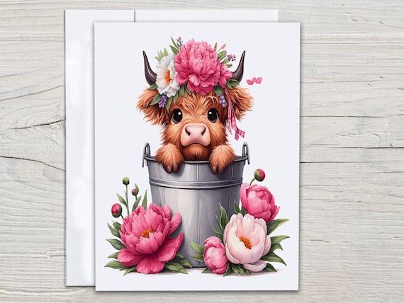Floral Highland Cow Notecard Set, Cow Card, Everyday Card, Blank Notecard, All Occasion Cards, Cute Gift, Thank You, Birthday Pack, EC309
