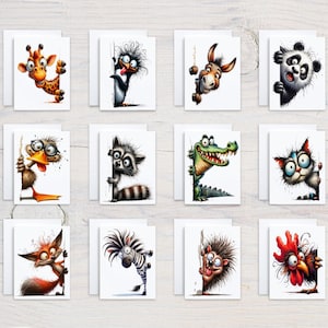 May include: A collection of twelve greeting cards featuring whimsical cartoon animals. Each card showcases a different animal, including a giraffe, panda, and zebra, peeking from behind a white surface. The illustrations are colorful and playful.