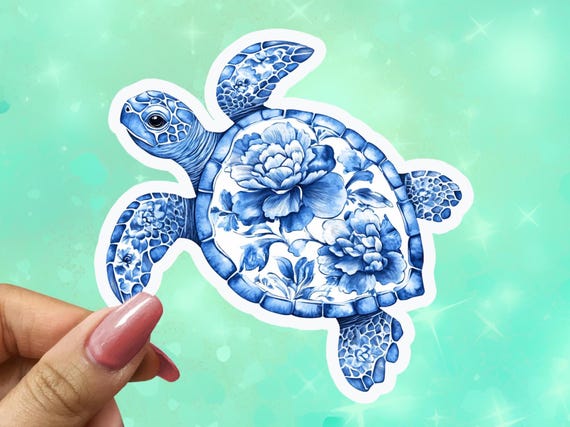 Cute Toile de Jouy Turtle Sticker,  Vinyl, Holographic, Ocean Stickers, Laptop Sticker, Turtle Lover Gift, Ocean Themed, VN1