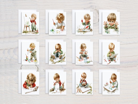 Watercolor Artist Boys Notecards Set, Assorted Card, Variety Pack, All Occasion Cards, Blank Notecards, Cute Stationary Set, Everyday, CS326