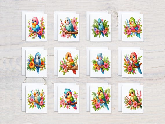 Cute Parrot Notecard Set, Card Assortment, Variety Pack, Exotic Bird Cards, Just Because Card, Blank Notecard, Bird Note Cards, CS139