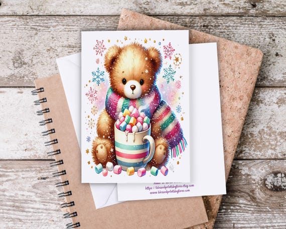 Teddy Bear Christmas Notecards, Cozy Cocoa Bear Card, Christmas Stationary, Blank Notecards, Season’s Greetings, Notecard Set, EC423