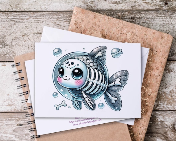Kawaii Skeleton Fish Notecard Set, Everyday Notecards, Blank Notecards, All Occasion Cards, Just Because Card, Snail Mail, Spooky Fish, HN60