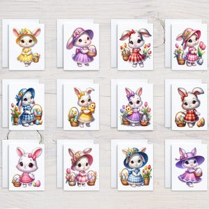 May include: A collection of Easter greeting cards featuring adorable cartoon bunnies. Each bunny is dressed in a colorful outfit and holding a basket of eggs or flowers. The cards have a white background and are perfect for Easter.