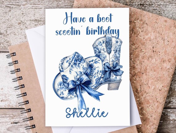 Chinoiserie Cowgirl Birthday Card, Blue Toile De Jouy, Chic Western Theme, Personalized A2, Cowgirl Boots, Western Chic Stationery, BC11