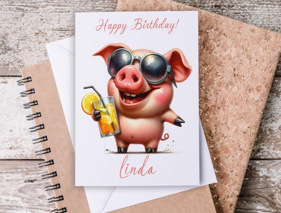 Personalized Birthday Card, Funny Pig Piggy, Farm Birthday Card, Pretty Birthday Card for Her, Bestie Birthday Card, Cute Greeting Card,BC33