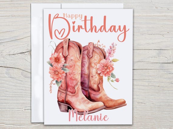 Personalized Pink Cowgirl Boots Birthday Card, Floral Bday Card, Cute Birthday Card, Bday Card For Her, Happy Bday Card, Bestie  Bday, BC151