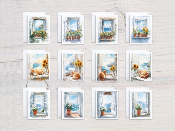 Watercolor Ocean & Cat Notecards, Assorted Cards, Blank Cards Set, Envelopes and Cards, Variety Pack, Just Because, Beach Stationery, CS247