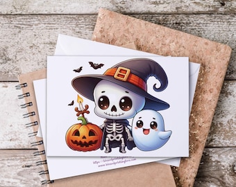 Halloween Notecards Set, Skeleton Card, Cute Ghost & Pumpkin, Halloween Greeting, All Occasion Cards, Blank Notecard, Spooky Stationery,HN35