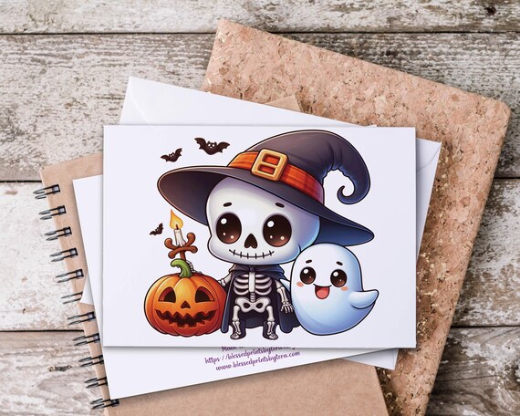 Halloween Notecards Set, Skeleton Card, Cute Ghost & Pumpkin, Halloween Greeting, All Occasion Cards, Blank Notecard, Spooky Stationery,HN35