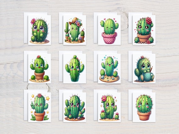 Kawaii Cactus Notecard Set, Card Assortment, Variety Pack, All Occasion Cards, Get Well Soon Card, Watercolor Cactus, Everyday Card, CS303